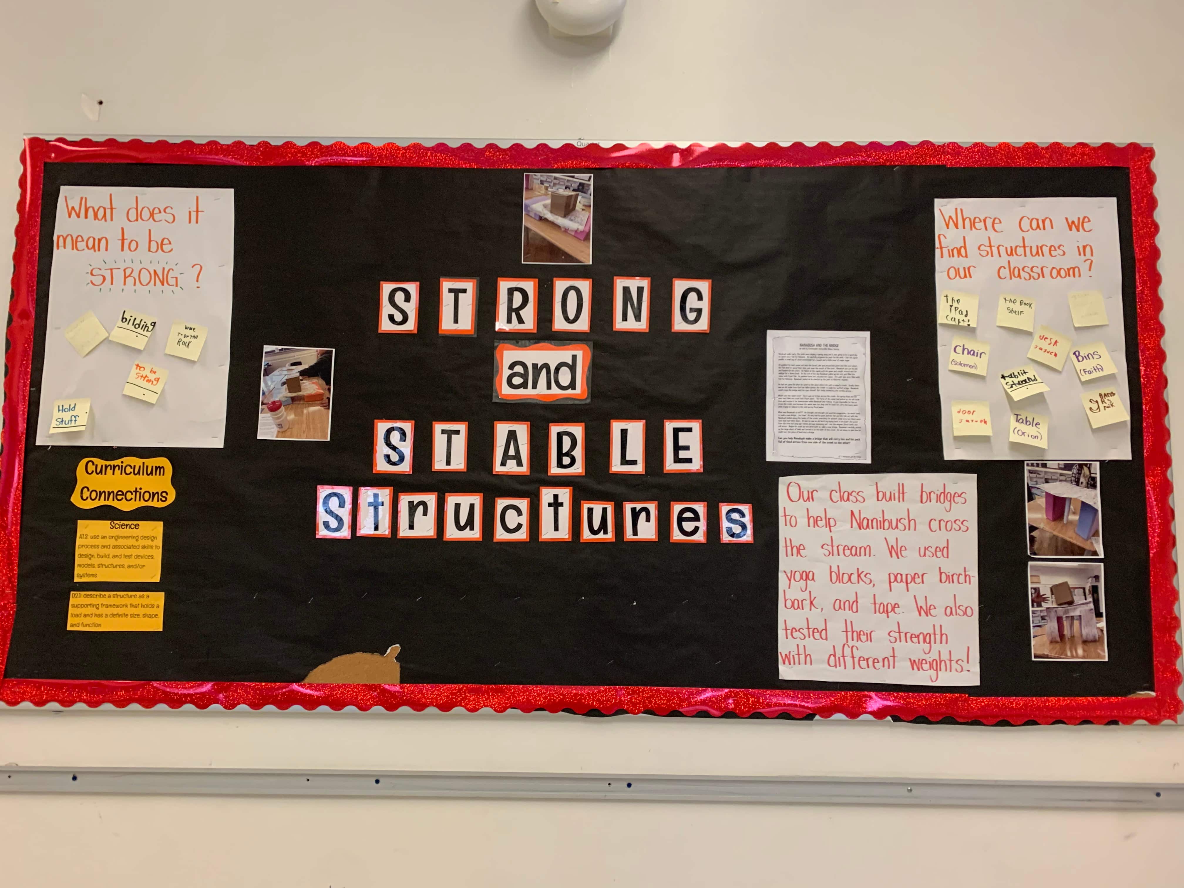 A school hallways board displaying student work on the "Strong and Stable structures" unit.